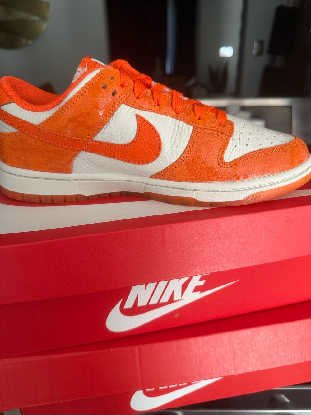 Nike Men's Orange and White Low-Top Sneakers — Iconic Swoosh Design